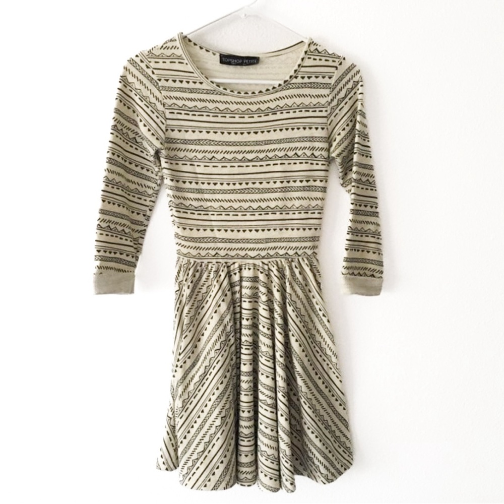 Topshop Petite Cream Black Tribal Geometric Fit & Flare Dress US 2 XS